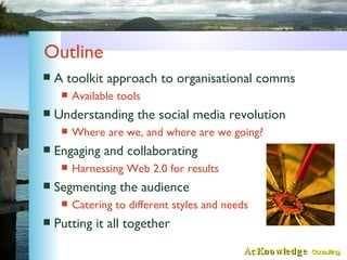 Outline <ul><li>A toolkit approach to organisational comms </li></ul><ul><ul><li>Available tools </li></ul></ul><ul><li>Un...