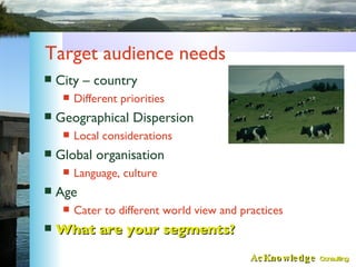 Target audience needs <ul><li>City – country </li></ul><ul><ul><li>Different priorities </li></ul></ul><ul><li>Geographica...