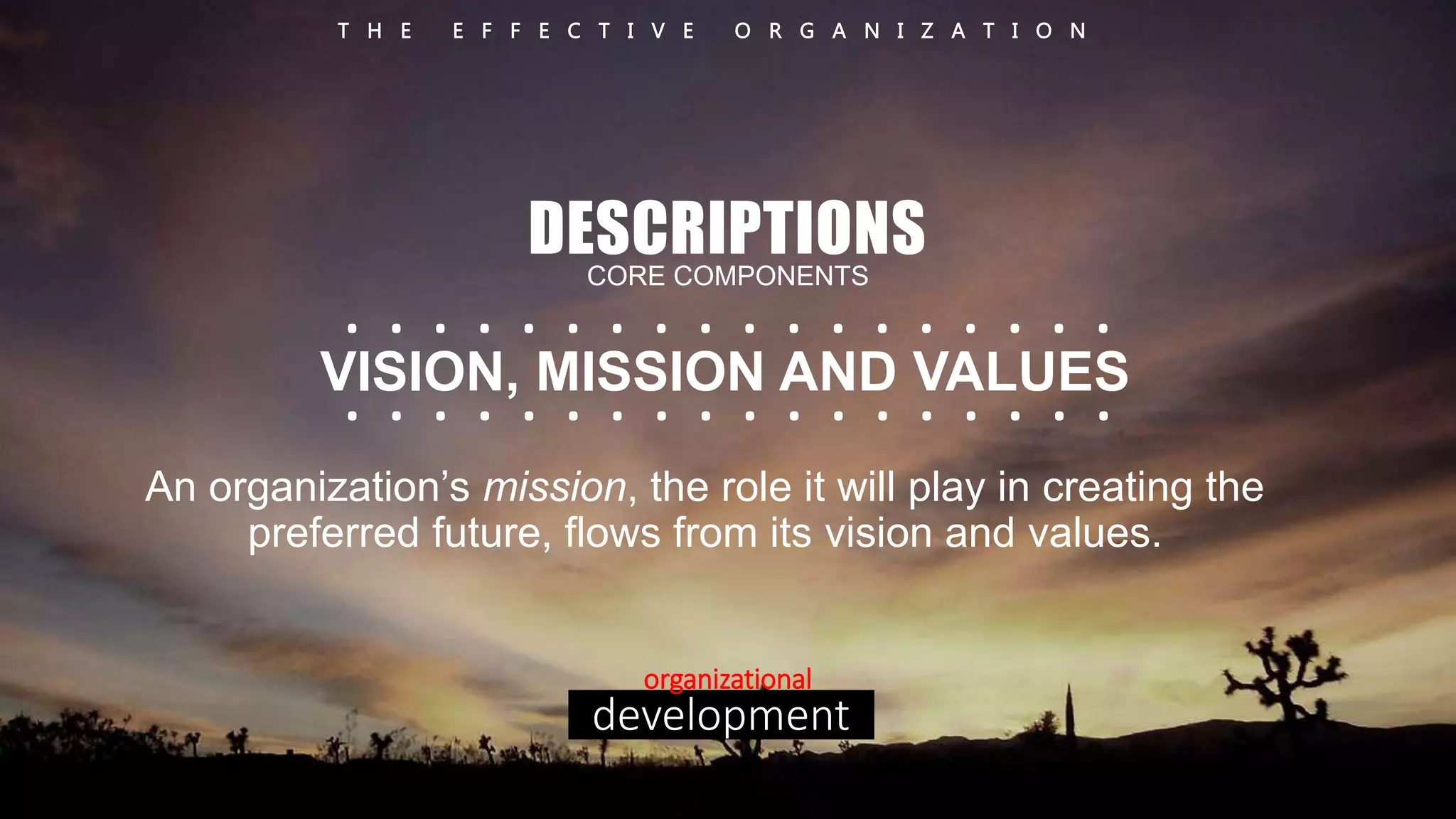 T H E E F F E C T I V E O R G A N I Z A T I O N 
DESCRIPTIONS 
CORE COMPONENTS 
. . . . . . . . . . . . . . . . . . 
. . . . . . . . . . . . . . . . . . 
VISION, MISSION AND VALUES 
An organization’s mission, the role it will play in creating the 
preferred future, flows from its vision and values. 
organizational 
development 
 