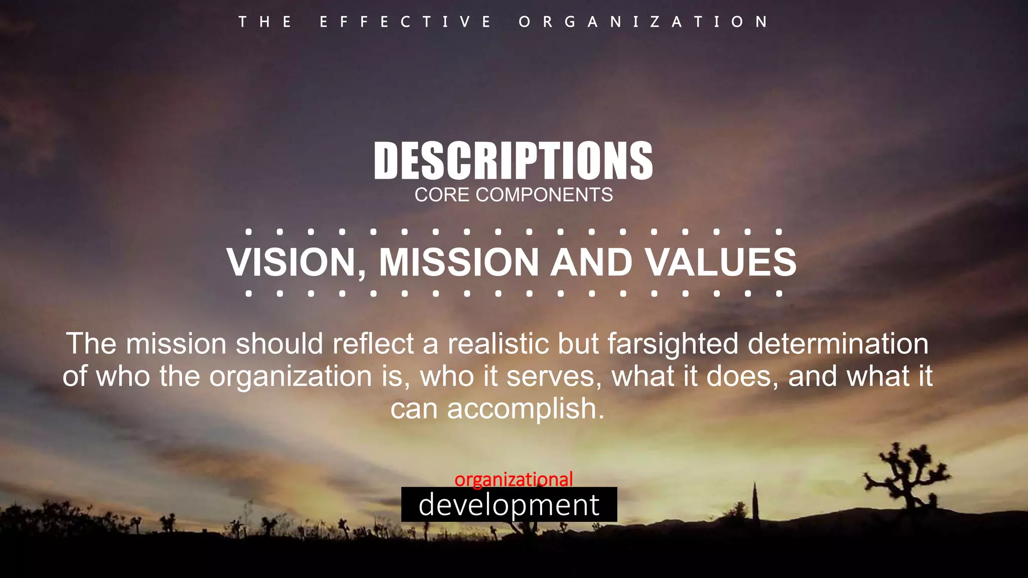 T H E E F F E C T I V E O R G A N I Z A T I O N 
DESCRIPTIONS 
CORE COMPONENTS 
. . . . . . . . . . . . . . . . . . 
. . . . . . . . . . . . . . . . . . 
VISION, MISSION AND VALUES 
The mission should reflect a realistic but farsighted determination 
of who the organization is, who it serves, what it does, and what it 
can accomplish. 
organizational 
development 
 
