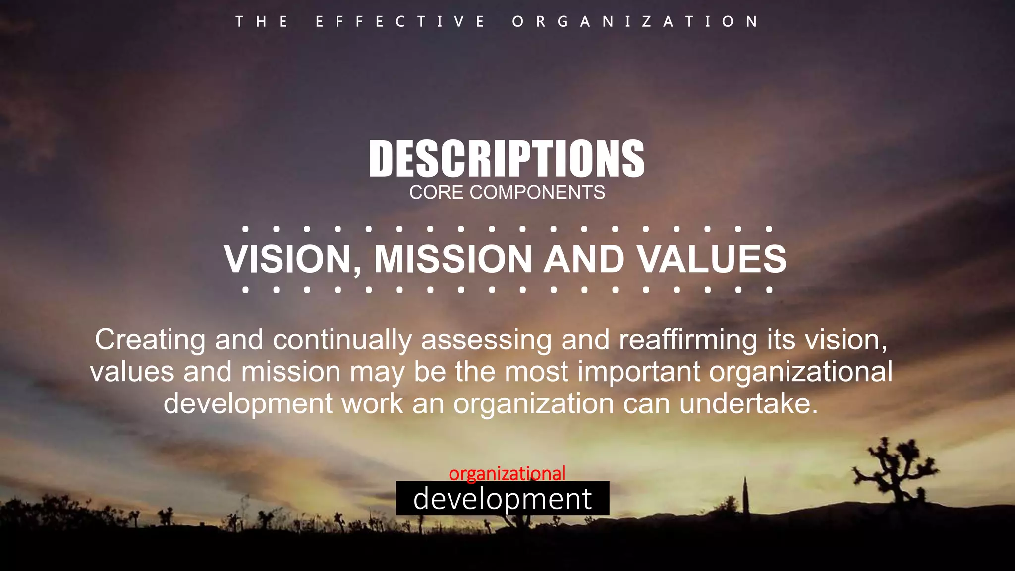 T H E E F F E C T I V E O R G A N I Z A T I O N 
DESCRIPTIONS 
CORE COMPONENTS 
. . . . . . . . . . . . . . . . . . 
. . . . . . . . . . . . . . . . . . 
VISION, MISSION AND VALUES 
Creating and continually assessing and reaffirming its vision, 
values and mission may be the most important organizational 
development work an organization can undertake. 
organizational 
development 
 