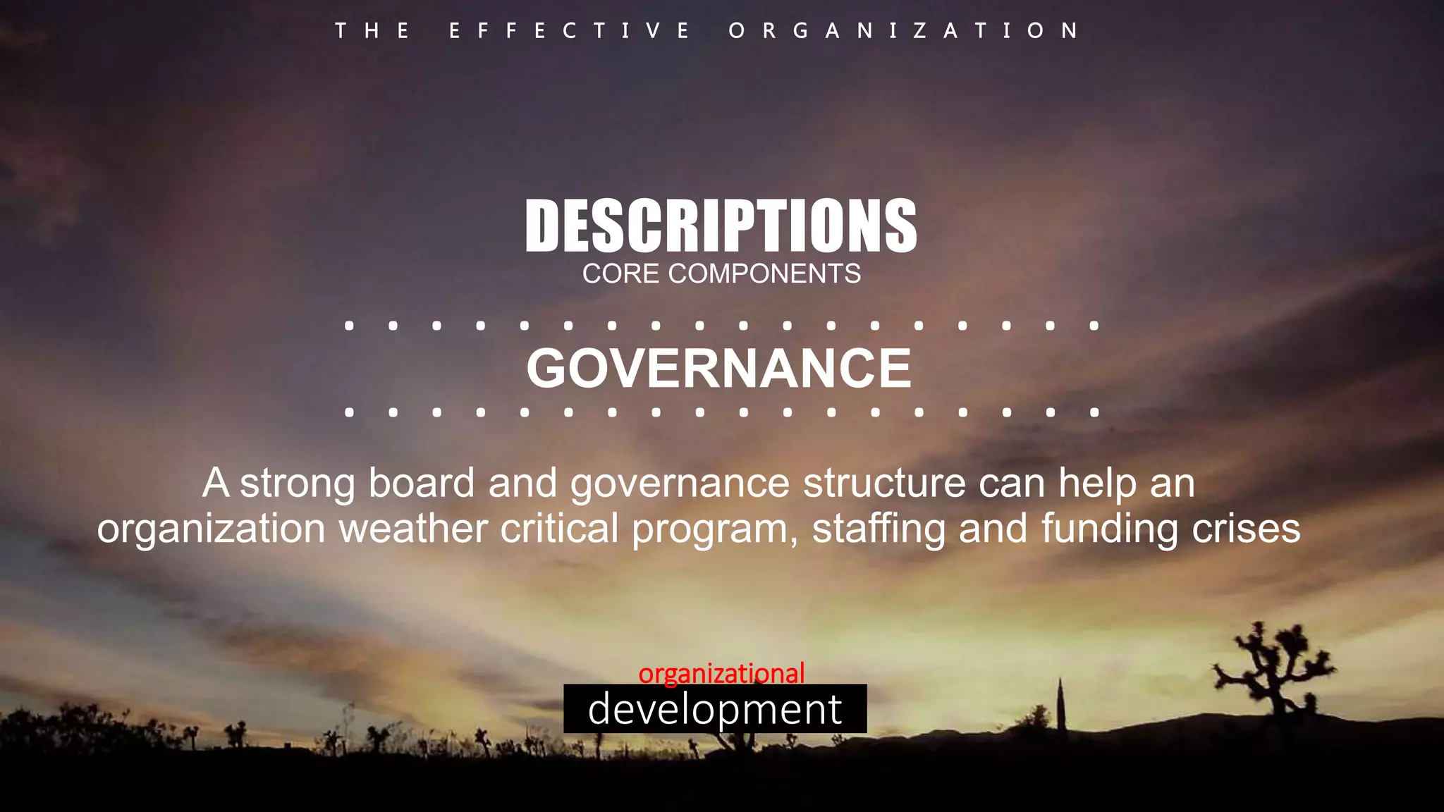 T H E E F F E C T I V E O R G A N I Z A T I O N 
DESCRIPTIONS 
CORE COMPONENTS 
. . . . . . . . . . . . . . . . . . 
. . . . . GOVERNANCE 
. . . . . . . . . . . . . 
A strong board and governance structure can help an 
organization weather critical program, staffing and funding crises 
organizational 
development 
 