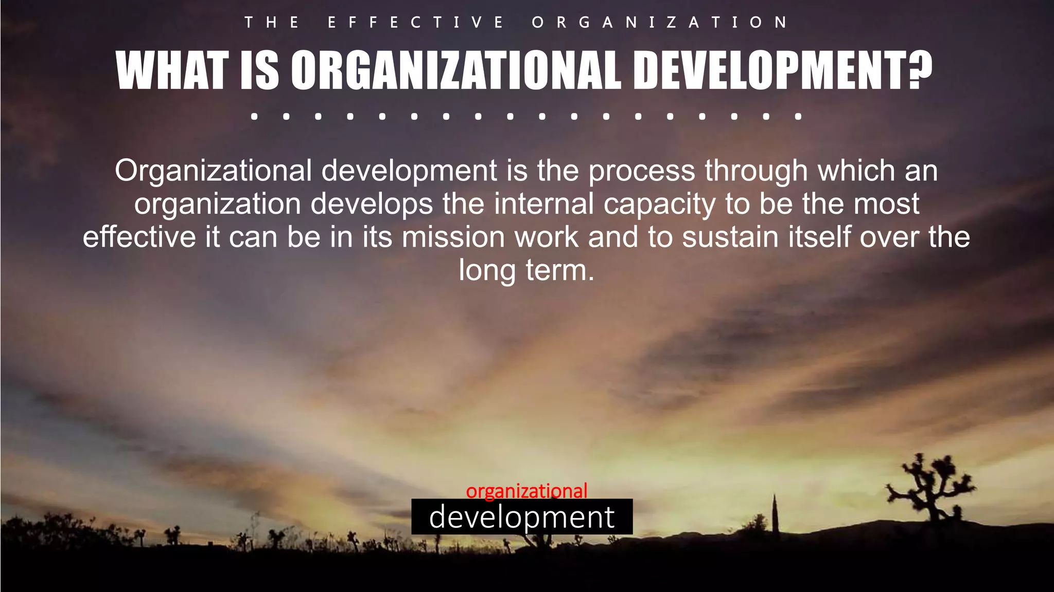 T H E E F F E C T I V E O R G A N I Z A T I O N 
WHAT IS ORGANIZATIONAL DEVELOPMENT? 
. . . . . . . . . . . . . . . . . . 
Organizational development is the process through which an 
organization develops the internal capacity to be the most 
effective it can be in its mission work and to sustain itself over the 
long term. 
organizational 
development 
 
