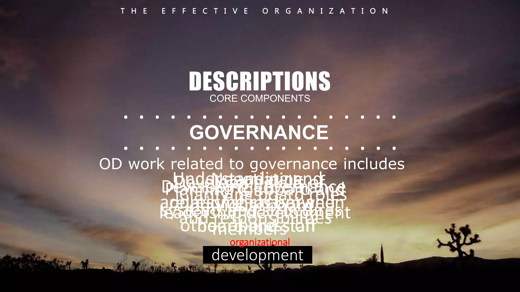 T H E E F F E C T I V E O R G A N I Z A T I O N 
DESCRIPTIONS 
CORE COMPONENTS 
. . . . . . . . . . . . . . . . . . 
. . . . . GOVERNANCE 
. . . . . . . . . . . . . 
OD work related to governance includes 
Understanding Negotiating 
and 
addressing racism and 
Developing skills of 
individual board 
Developing governance 
systems and structures 
Planning for board and 
leadership development 
Clarifying board roles 
and responsibilities 
relationships between 
other oppression 
board and staff 
members 
organizational 
development 
 