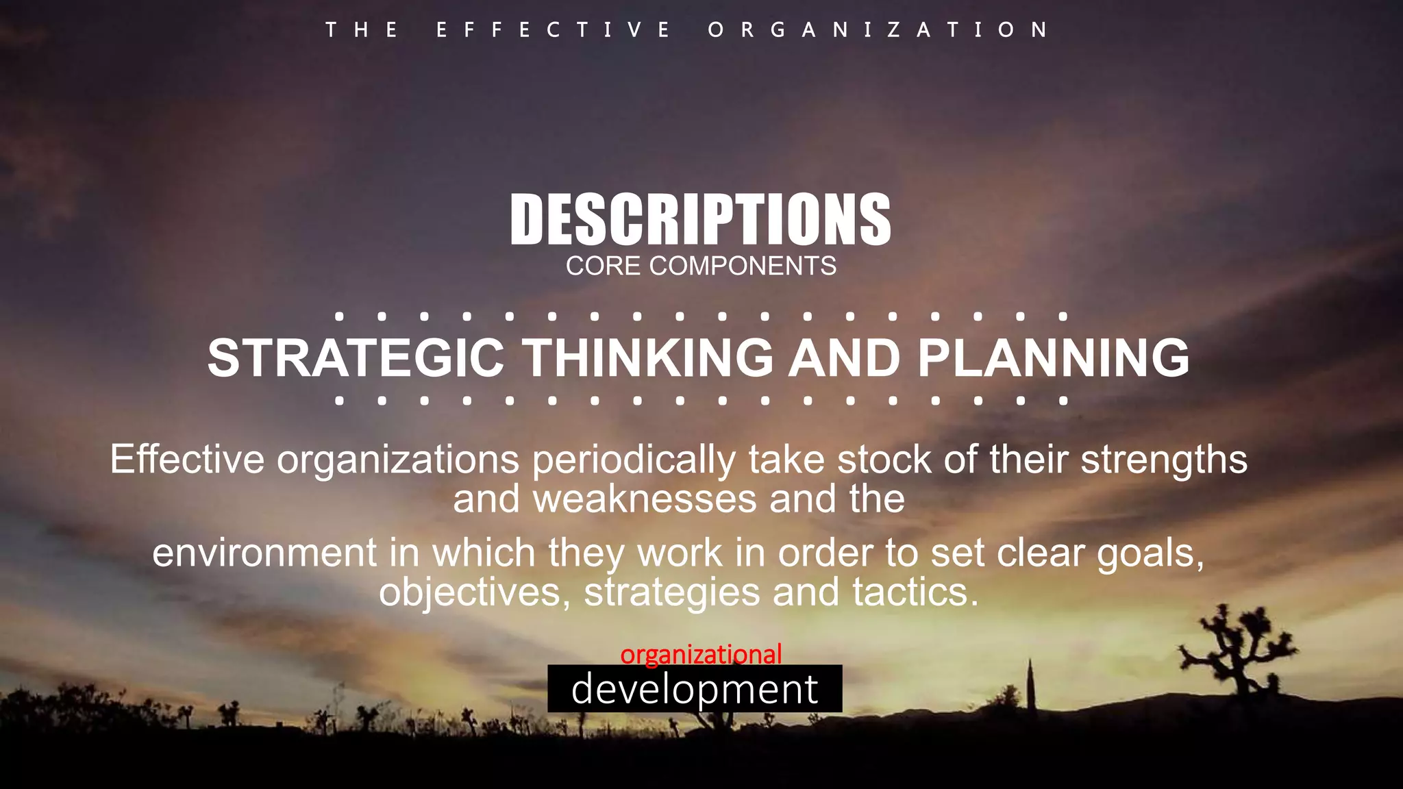 T H E E F F E C T I V E O R G A N I Z A T I O N 
DESCRIPTIONS 
CORE COMPONENTS 
. . . . . . . . . . . . . . . . . . 
. . . . . . . . . . . . . . . . . . 
STRATEGIC THINKING AND PLANNING 
Effective organizations periodically take stock of their strengths 
and weaknesses and the 
environment in which they work in order to set clear goals, 
objectives, strategies and tactics. 
organizational 
development 
 