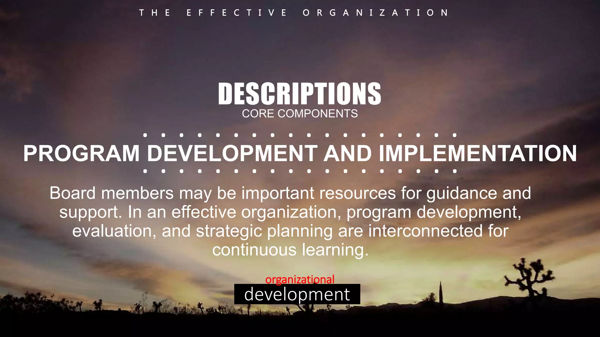 T H E E F F E C T I V E O R G A N I Z A T I O N 
DESCRIPTIONS 
CORE COMPONENTS 
. . . . . . . . . . . . . . . . . . 
. . . . . . . . . . . . . . . . . . 
PROGRAM DEVELOPMENT AND IMPLEMENTATION 
Board members may be important resources for guidance and 
support. In an effective organization, program development, 
evaluation, and strategic planning are interconnected for 
continuous learning. 
organizational 
development 
 