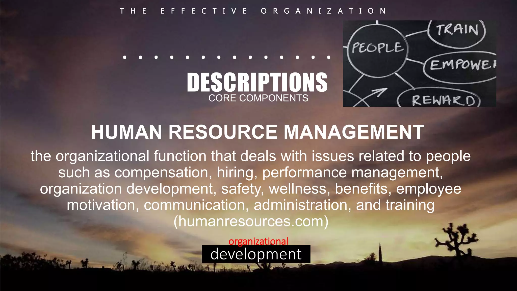 T H E E F F E C T I V E O R G A N I Z A T I O N 
. . . . . . . . . . . . . . . . . . 
DESCRIPTIONS 
CORE COMPONENTS 
HUMAN RESOURCE MANAGEMENT 
the organizational function that deals with issues related to people 
such as compensation, hiring, performance management, 
organization development, safety, wellness, benefits, employee 
motivation, communication, administration, and training 
(humanresources.com) 
organizational 
development 
 
