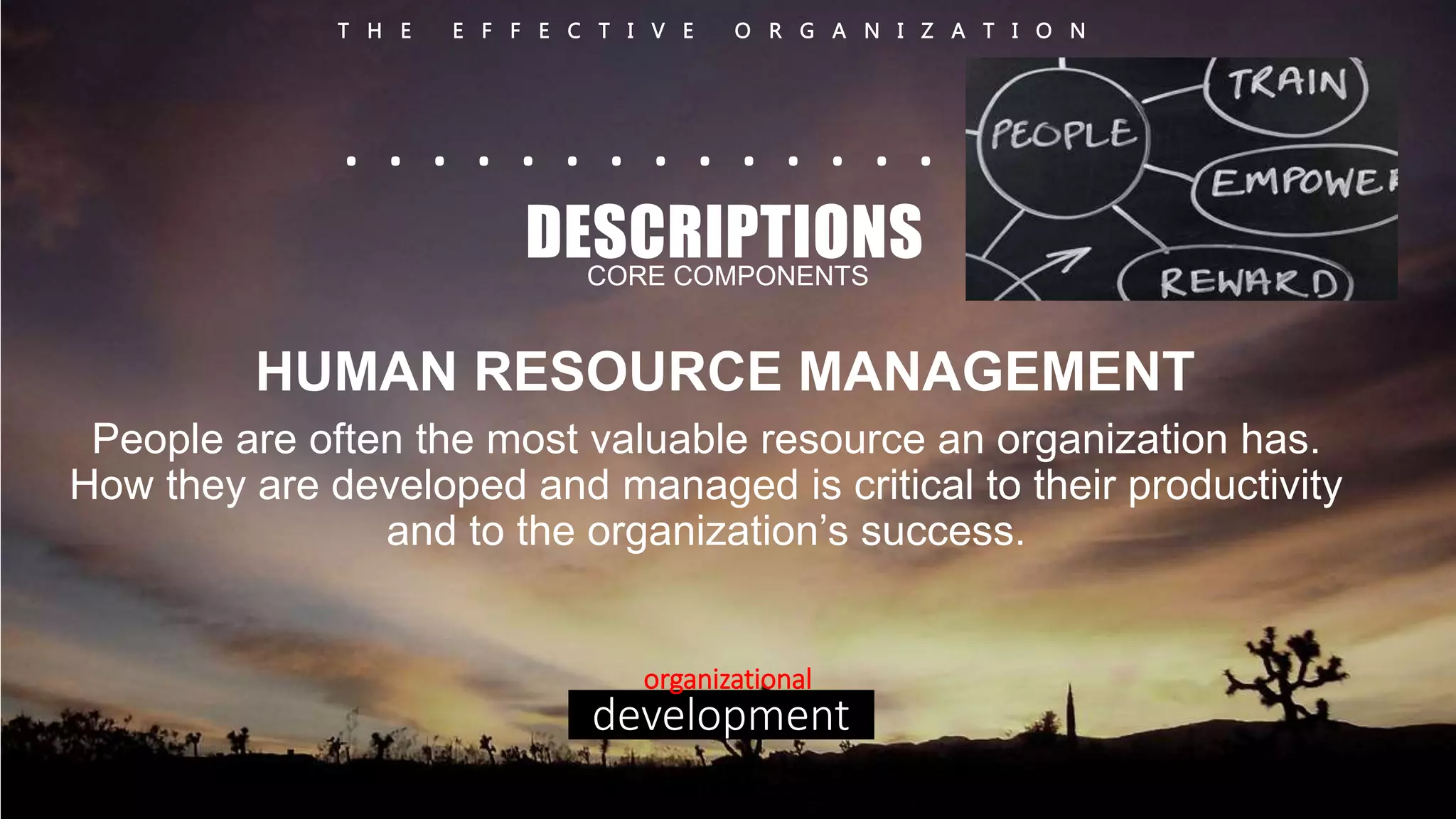 T H E E F F E C T I V E O R G A N I Z A T I O N 
. . . . . . . . . . . . . . . . . . 
DESCRIPTIONS 
CORE COMPONENTS 
HUMAN RESOURCE MANAGEMENT 
People are often the most valuable resource an organization has. 
How they are developed and managed is critical to their productivity 
and to the organization’s success. 
organizational 
development 
 