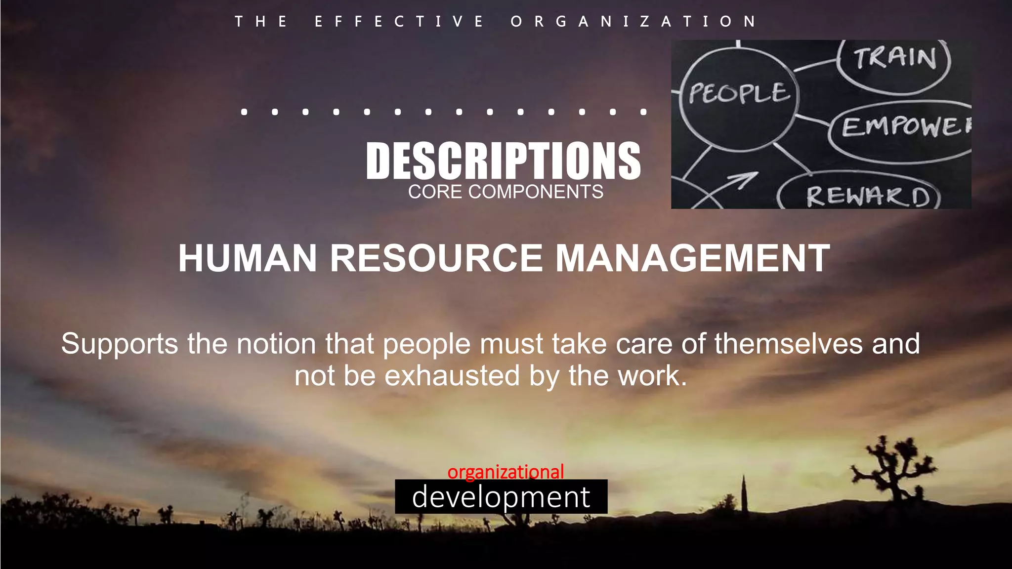 T H E E F F E C T I V E O R G A N I Z A T I O N 
. . . . . . . . . . . . . . . . . . 
DESCRIPTIONS 
CORE COMPONENTS 
HUMAN RESOURCE MANAGEMENT 
Supports the notion that people must take care of themselves and 
not be exhausted by the work. 
organizational 
development 
 