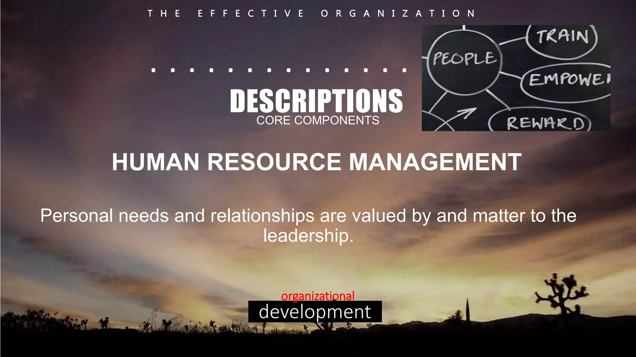 T H E E F F E C T I V E O R G A N I Z A T I O N 
. . . . . . . . . . . . . . . . . . 
DESCRIPTIONS 
CORE COMPONENTS 
HUMAN RESOURCE MANAGEMENT 
Personal needs and relationships are valued by and matter to the 
leadership. 
organizational 
development 
 