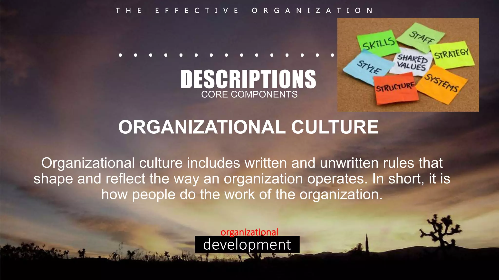 T H E E F F E C T I V E O R G A N I Z A T I O N 
. . . . . . . . . . . . . . . . . . 
DESCRIPTIONS 
CORE COMPONENTS 
ORGANIZATIONAL CULTURE 
Organizational culture includes written and unwritten rules that 
shape and reflect the way an organization operates. In short, it is 
how people do the work of the organization. 
organizational 
development 
 