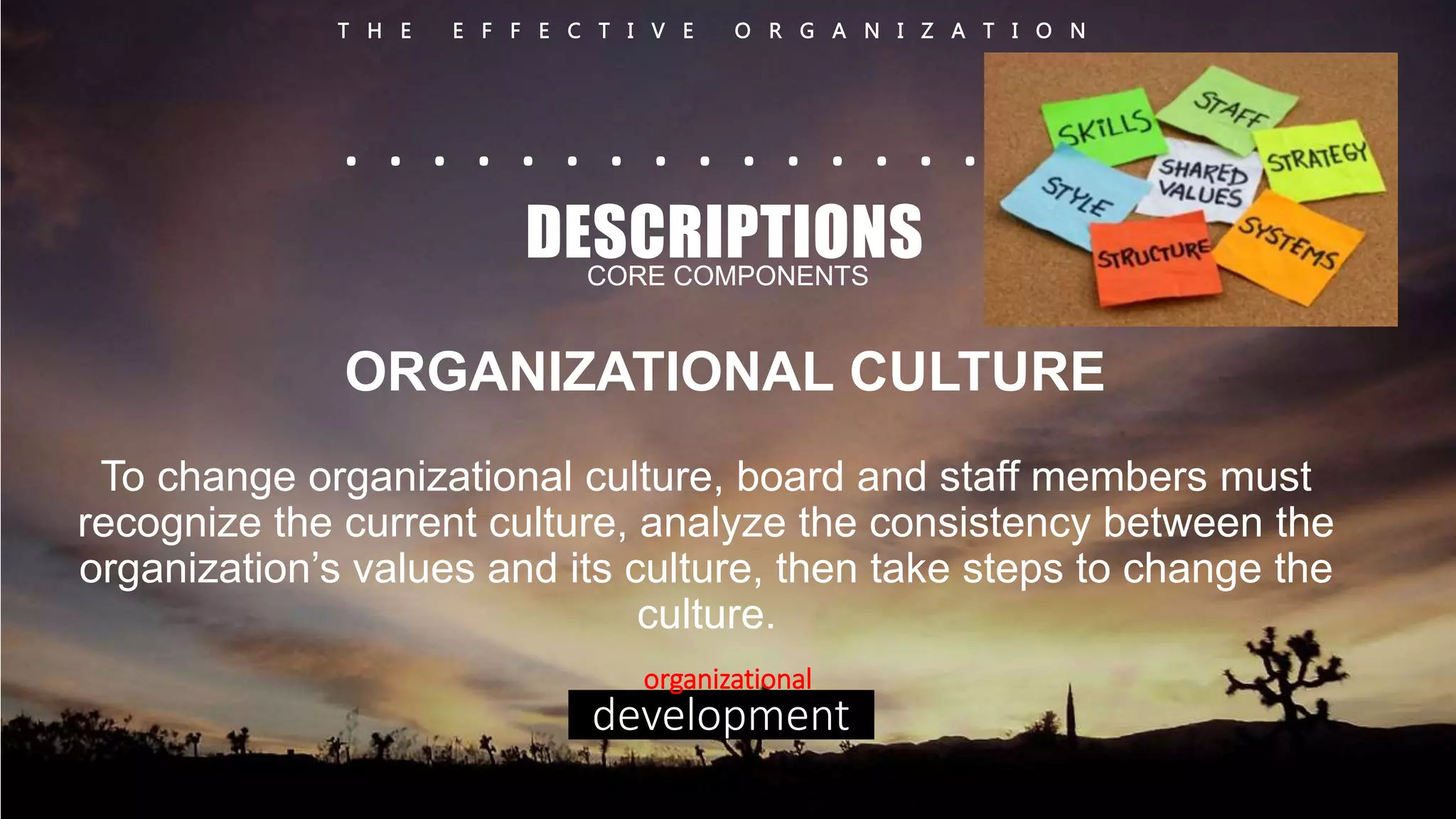 T H E E F F E C T I V E O R G A N I Z A T I O N 
. . . . . . . . . . . . . . . . . . 
DESCRIPTIONS 
CORE COMPONENTS 
ORGANIZATIONAL CULTURE 
To change organizational culture, board and staff members must 
recognize the current culture, analyze the consistency between the 
organization’s values and its culture, then take steps to change the 
culture. 
organizational 
development 
 