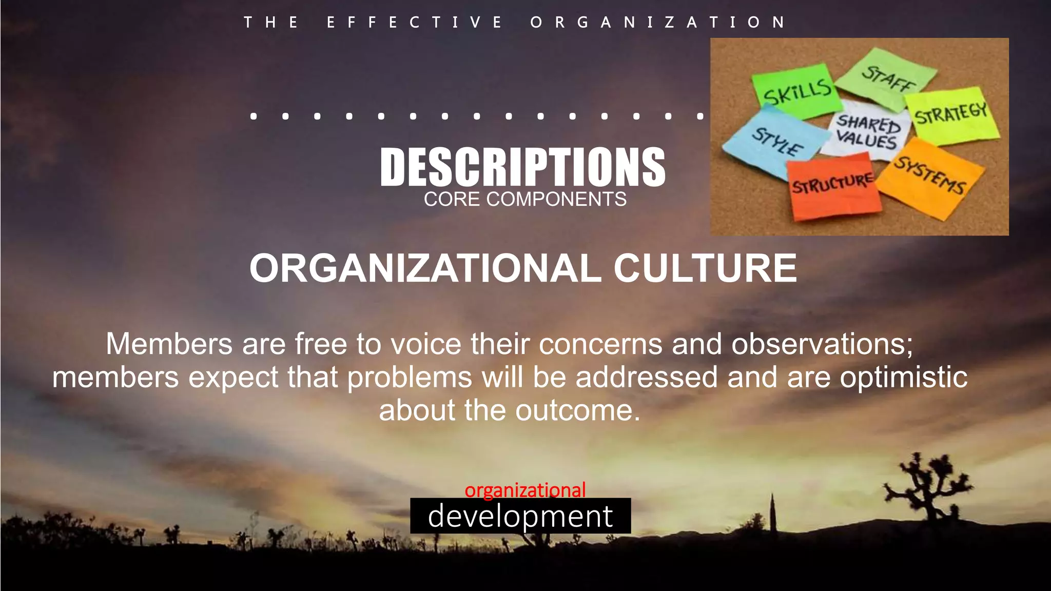 T H E E F F E C T I V E O R G A N I Z A T I O N 
. . . . . . . . . . . . . . . . . . 
DESCRIPTIONS 
CORE COMPONENTS 
ORGANIZATIONAL CULTURE 
Members are free to voice their concerns and observations; 
members expect that problems will be addressed and are optimistic 
about the outcome. 
organizational 
development 
 