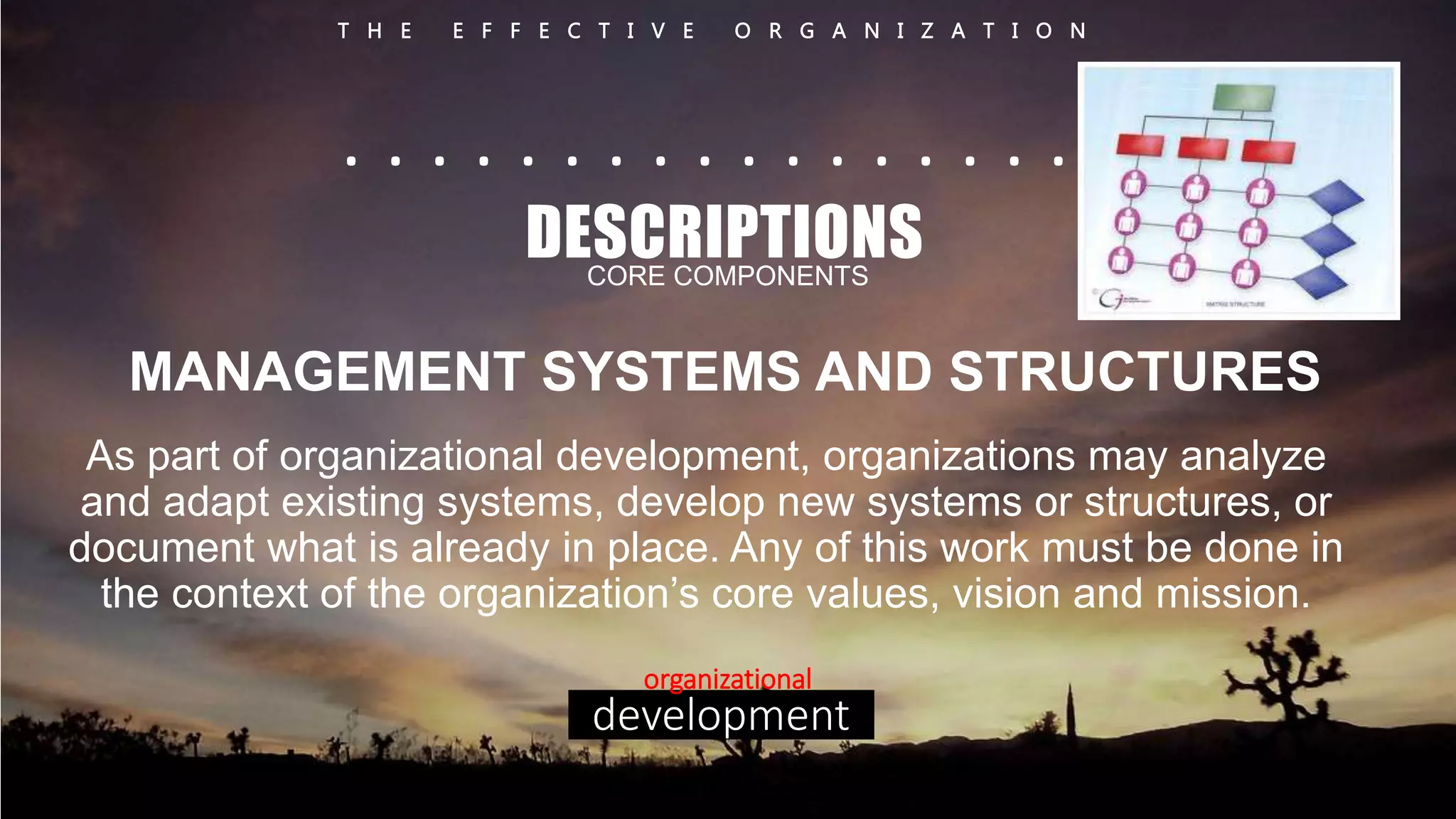 T H E E F F E C T I V E O R G A N I Z A T I O N 
. . . . . . . . . . . . . . . . . . 
DESCRIPTIONS 
CORE COMPONENTS 
MANAGEMENT SYSTEMS AND STRUCTURES 
As part of organizational development, organizations may analyze 
and adapt existing systems, develop new systems or structures, or 
document what is already in place. Any of this work must be done in 
the context of the organization’s core values, vision and mission. 
organizational 
development 
 