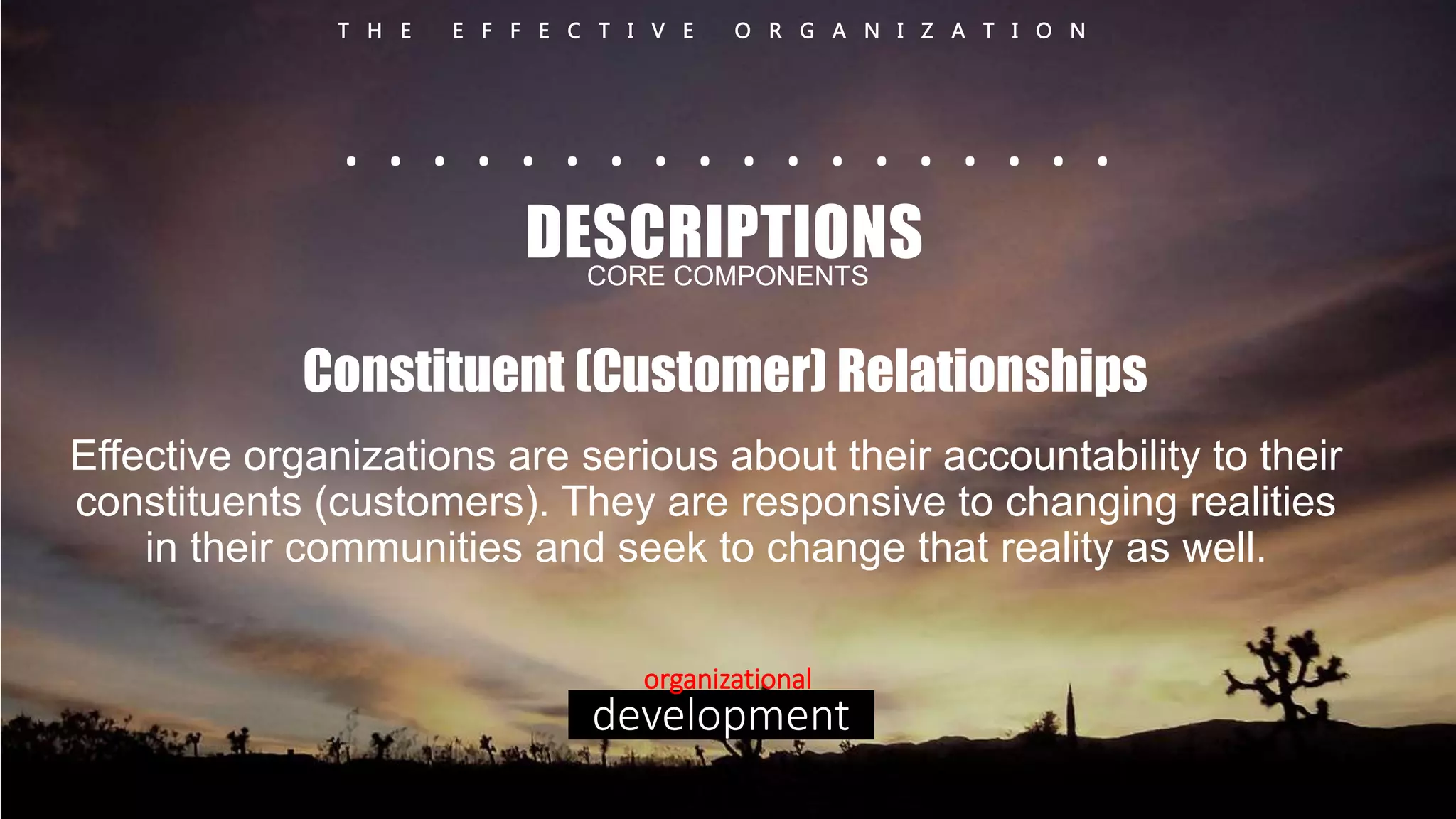 T H E E F F E C T I V E O R G A N I Z A T I O N 
. . . . . . . . . . . . . . . . . . 
DESCRIPTIONS 
CORE COMPONENTS 
Constituent (Customer) Relationships 
Effective organizations are serious about their accountability to their 
constituents (customers). They are responsive to changing realities 
in their communities and seek to change that reality as well. 
organizational 
development 
 