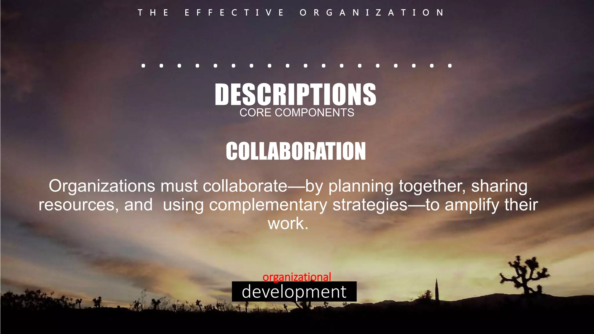 T H E E F F E C T I V E O R G A N I Z A T I O N 
. . . . . . . . . . . . . . . . . . 
DESCRIPTIONS 
CORE COMPONENTS 
COLLABORATION 
Organizations must collaborate—by planning together, sharing 
resources, and using complementary strategies—to amplify their 
work. 
organizational 
development 
 