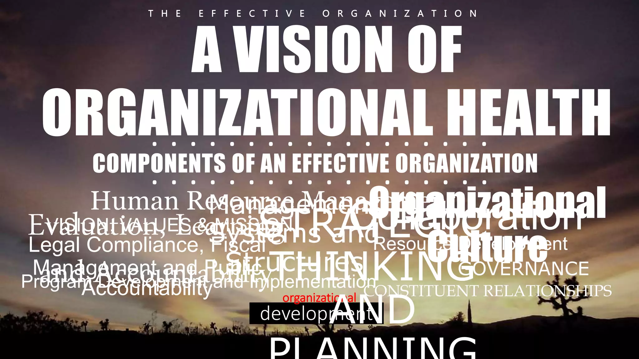 T H E E F F E C T I V E O R G A N I Z A T I O N 
A VISION OF 
ORGANIZATIONAL HEALTH 
. . . . . . . . . . . . . . . . . . 
. . . . . . . . . . . . . . . . . . 
COMPONENTS OF AN EFFECTIVE ORGANIZATION 
Human Resource ManagOermgeannt izational 
Management 
Systems and 
Structures 
Collaboration 
VISION, VALUES & MISSSIONTRATEGIC 
Evaluation, Learning 
and Accountability 
Resource Development 
THINKING 
Program Development and Implementation 
organizational 
AND 
development 
PLANNING 
Legal Compliance, Fiscal 
Management and Public 
Accountability 
Culture 
GOVERNANCE 
CONSTITUENT RELATIONSHIPS 
 