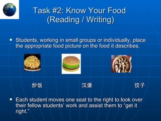 Task #2: Know Your Food  (Reading / Writing) Students, working in small groups or individually, place the appropriate food picture on the food it describes.   炒饭     汉堡   饺子 Each student moves one seat to the right to look over their fellow students’ work and assist them to “get it right.” 