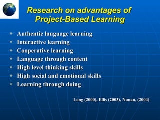 Research on advantages of  Project-Based Learning Authentic language learning Interactive learning Cooperative learning Language through content High level thinking skills High social and emotional skills Learning through doing Long (2000), Ellis (2003), Nunan, (2004) 
