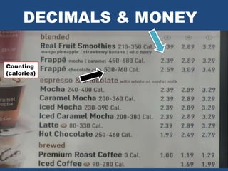 DECIMALS & MONEY
Counting
(calories)