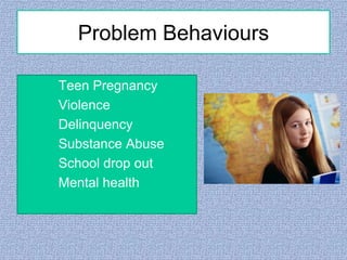Problem Behaviours







Teen Pregnancy
Violence
Delinquency
Substance Abuse
School drop out
Mental health

 