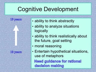 Cognitive Development
• ability to think abstractly
• ability to analyze situations

logically
• ability to think realistically about
the future, goal setting
• moral reasoning
• Entertain hypothetical situations,
use of metaphors

 