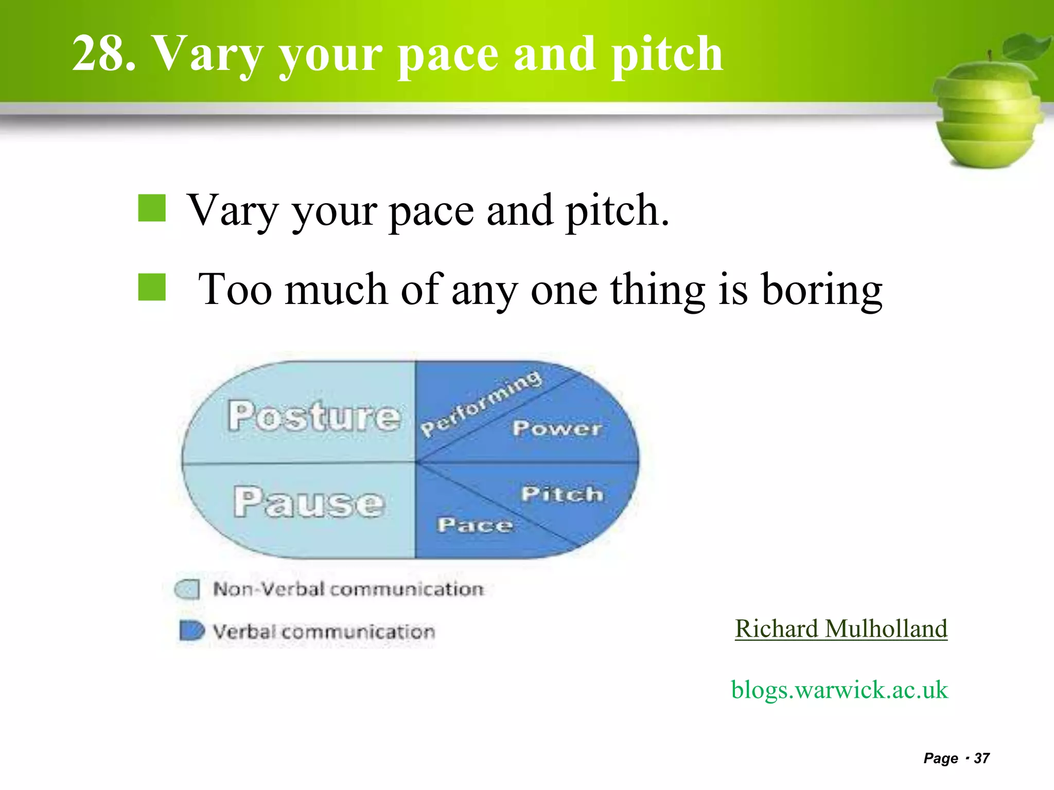 28. Vary your pace and pitch
 Vary your pace and pitch.
 Too much of any one thing is boring
Page 37
Richard Mulholland
blogs.warwick.ac.uk
 