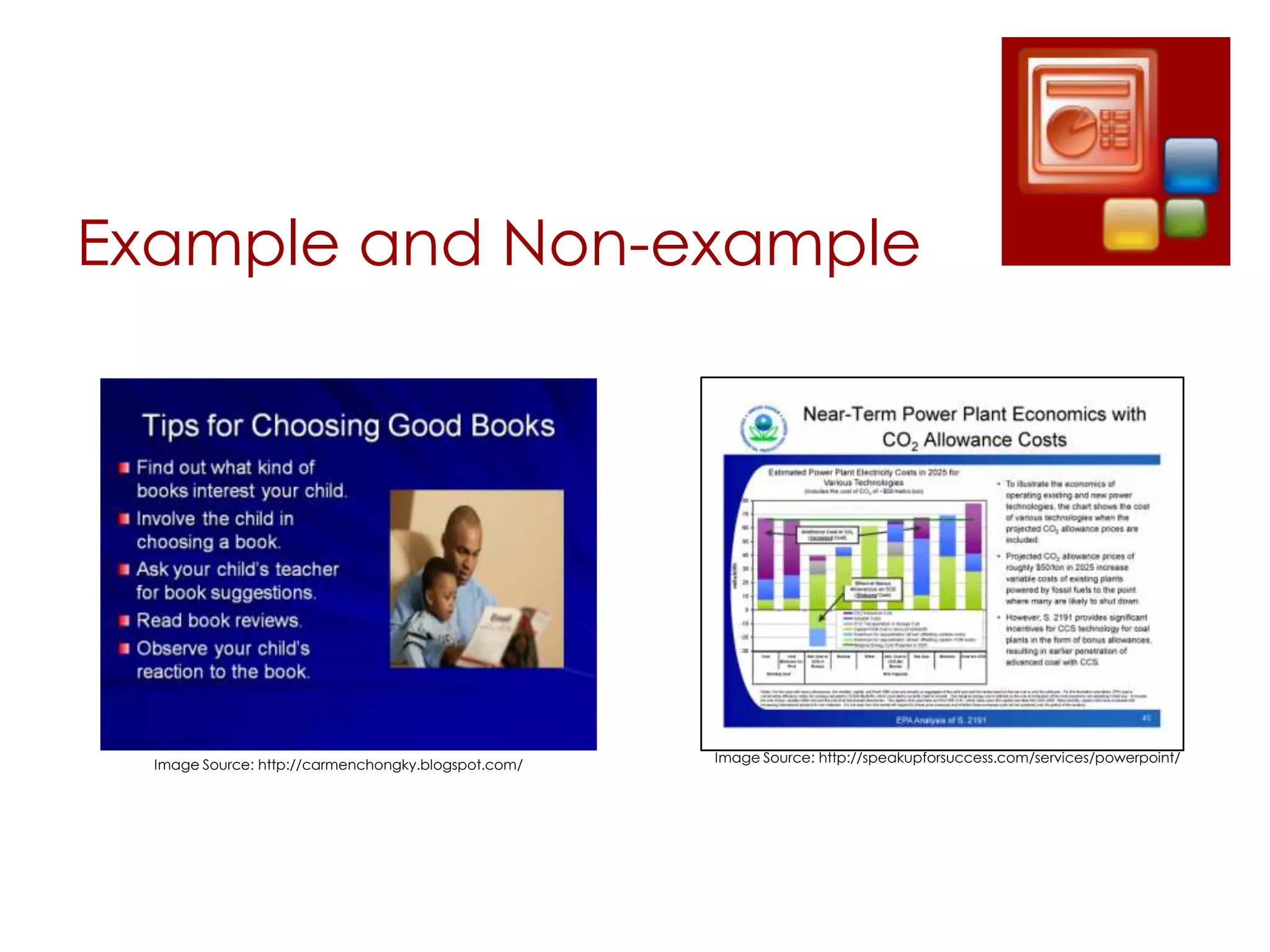 Example and Non-example




  Image Source: http://carmenchongky.blogspot.com/   Image Source: http://speakupforsuccess.com/services/powerpoint/
 