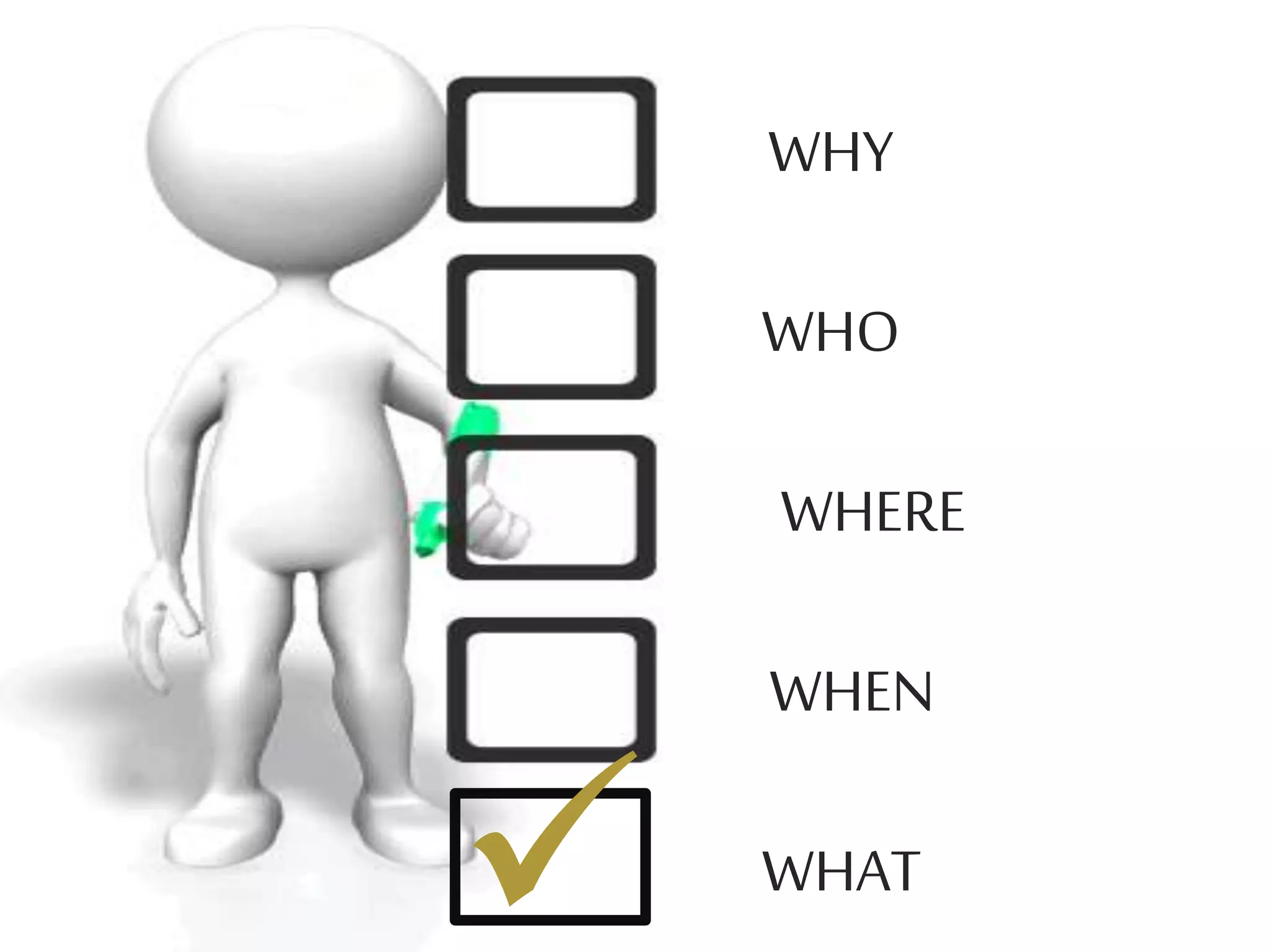 WHY
WHO
WHERE
WHEN
WHAT

 