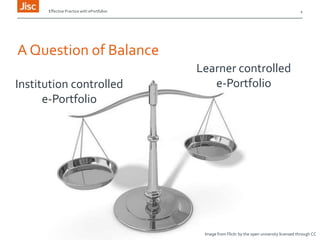 Effective Practice with ePortfolios

4

A Question of Balance
Institution controlled
e-Portfolio

Learner controlled
e-Portfolio

Image from Flickr by the open university licensed through CC

 
