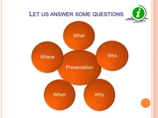 LET US ANSWER SOME QUESTIONS
Presentation
What
Who
WhyWhen
Where
 