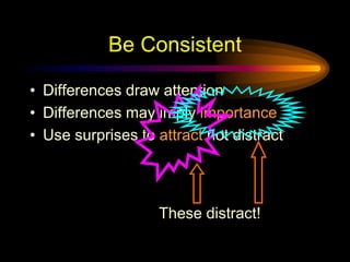 Be ConsistentDifferences draw attentionDifferences may imply importanceUse surprises to attract not distractConfusing differences!