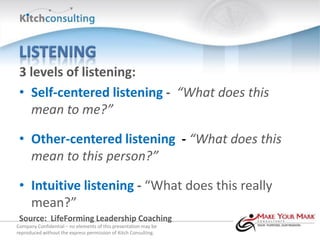 3 levels of listening:
 • Self-centered listening - “What does this
   mean to me?”

 • Other-centered listening - “What does this
   mean to this person?”

 • Intuitive listening - “What does this really
   mean?”
 Source: LifeForming Leadership Coaching
Company Confidential – no elements of this presentation may be
reproduced without the express permission of Kitch Consulting.
 