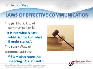 The first basic law of
   communication is:
 “It is not what A says
   which is true but what
   B understands”.
The second law of
communication is:
   “If B misinterprets A’s
   meaning , A is at fault.”
Company Confidential – no elements of this presentation may be
reproduced without the express permission of Kitch Consulting.
 