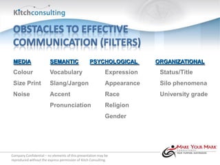 MEDIA                  SEMANTIC                  PSYCHOLOGICAL          ORGANIZATIONAL
 Colour                 Vocabulary                          Expression    Status/Title
 Size Print             Slang/Jargon                        Appearance    Silo phenomena
 Noise                  Accent                              Race          University grade
                        Pronunciation                       Religion
                                                            Gender




Company Confidential – no elements of this presentation may be
reproduced without the express permission of Kitch Consulting.
 
