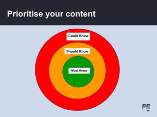 Prioritise your content

               Could Know



               Should Know




                 Must Know
 