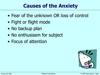 Causes of the Anxiety Fear of the unknown OR loss of control Fight or flight mode No backup plan No enthusiasm for subject Focus of attention 
