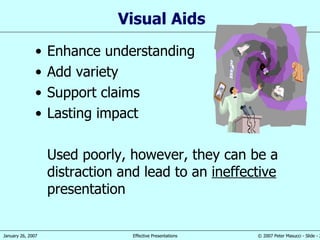 Visual Aids Enhance understanding Add variety Support claims Lasting impact Used poorly, however, they can be a distraction and lead to an  ineffective  presentation 