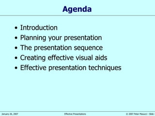 Agenda  Introduction Planning your presentation The presentation sequence Creating effective visual aids Effective presentation techniques 