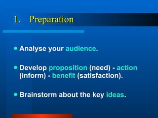 1.  Preparation   Analyse your  audience . Develop  proposition  (need) -  action  (inform) -  benefit  (satisfaction). Brainstorm about the key  ideas . 