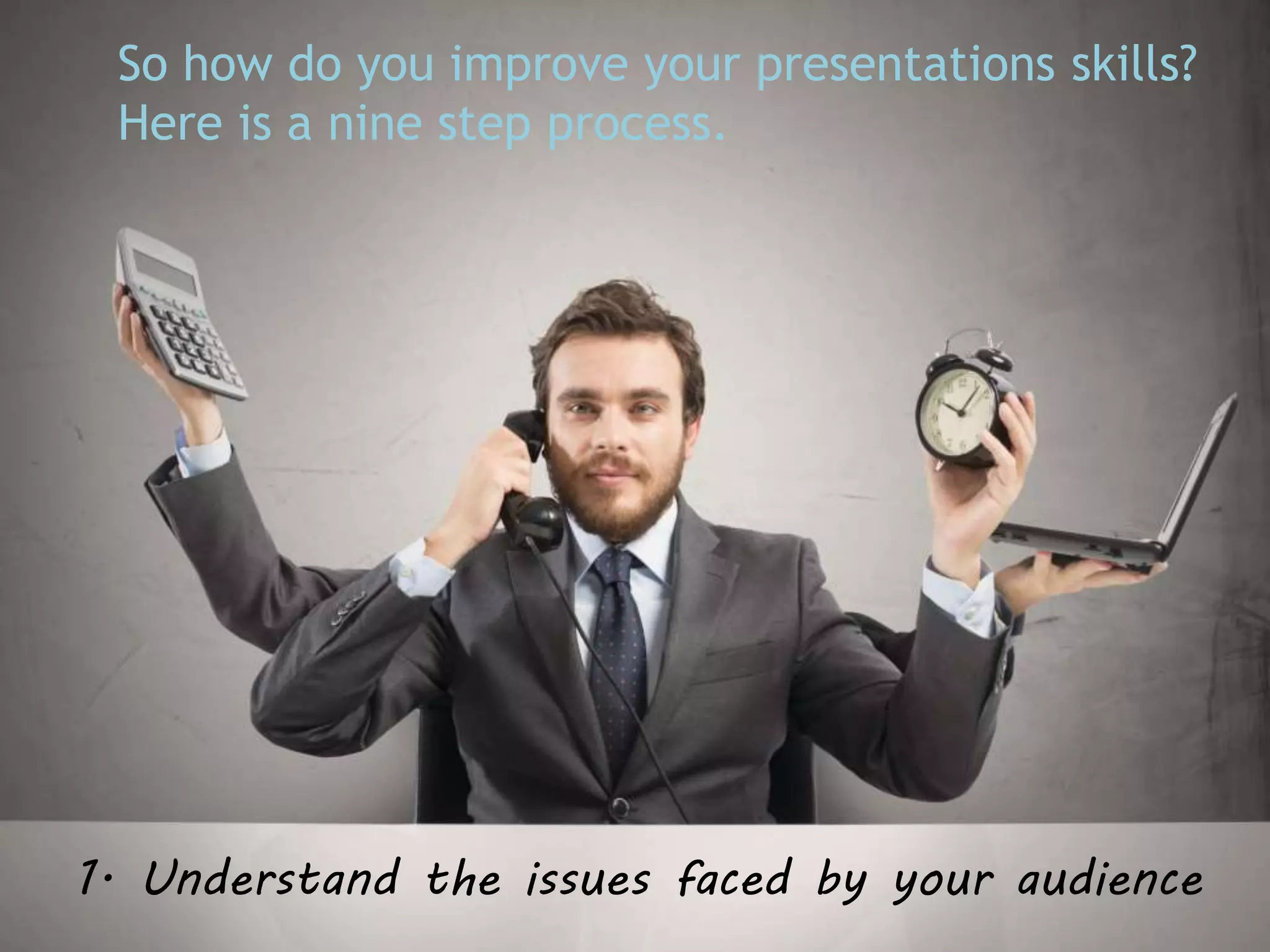 So how do you improve your presentations skills?
Here is a nine step process.
1. Understand the issues faced by your audience
