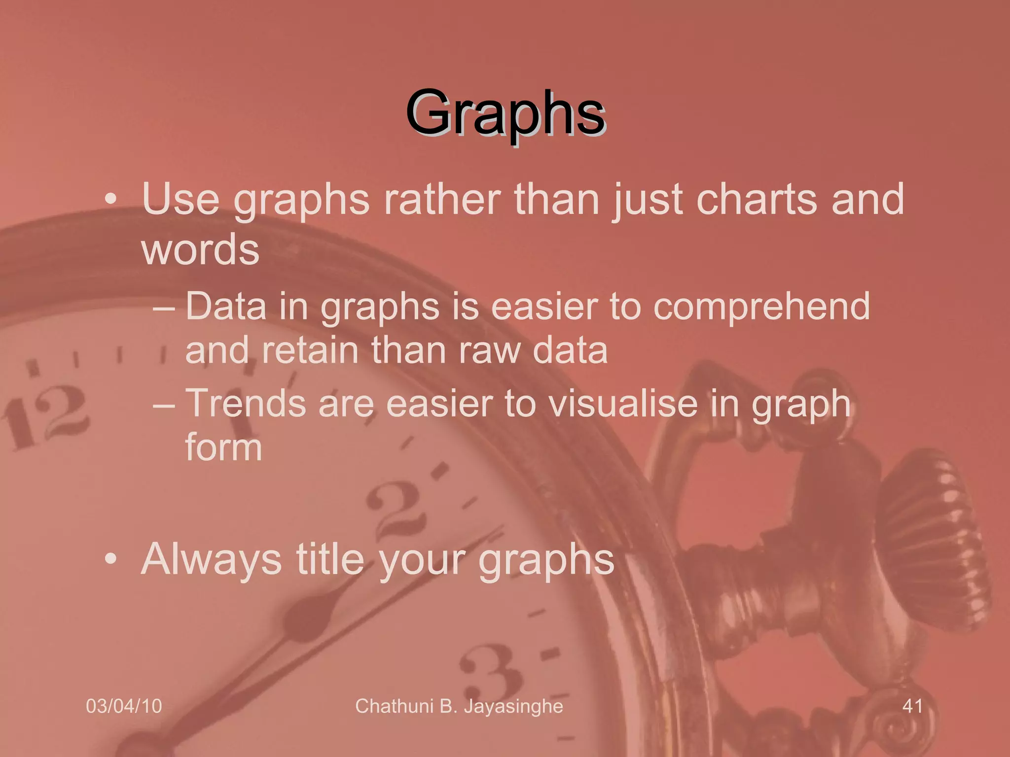 Graphs Use graphs rather than just charts and words Data in graphs is easier to comprehend and retain than raw data Trends are easier to visualise in graph form Always title your graphs 