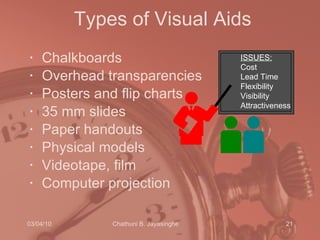 Types of Visual Aids Chalkboards Overhead transparencies Posters and flip charts 35 mm slides Paper handouts Physical models Videotape, film Computer projection ISSUES: Cost Lead Time Flexibility Visibility Attractiveness 