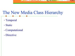 The New Media Class Hierarchy   Temporal  Static  - Computational - Directive 