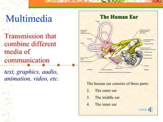 Multimedia Transmission that combine  different  media of communication   text ,  graphics , audio, animation, video,  etc. The human ear consists of three parts: The outer ear The middle ear The inner ear Listen The Human Ear 