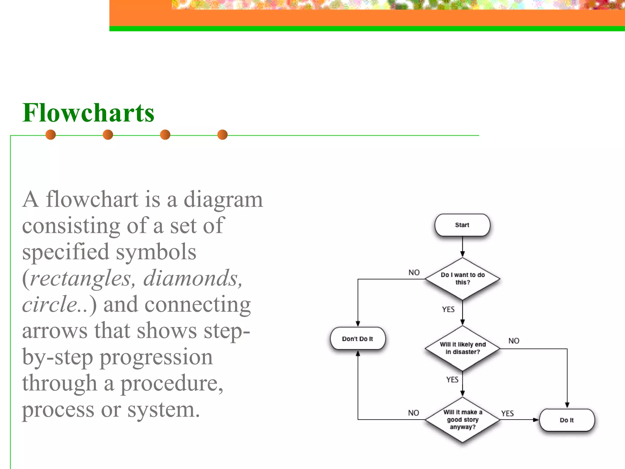Flowcharts A flowchart is a diagram consisting of a set of specified symbols ( rectangles, diamonds, circle.. ) and connecting arrows that shows step-by-step progression through a procedure, process or system. 