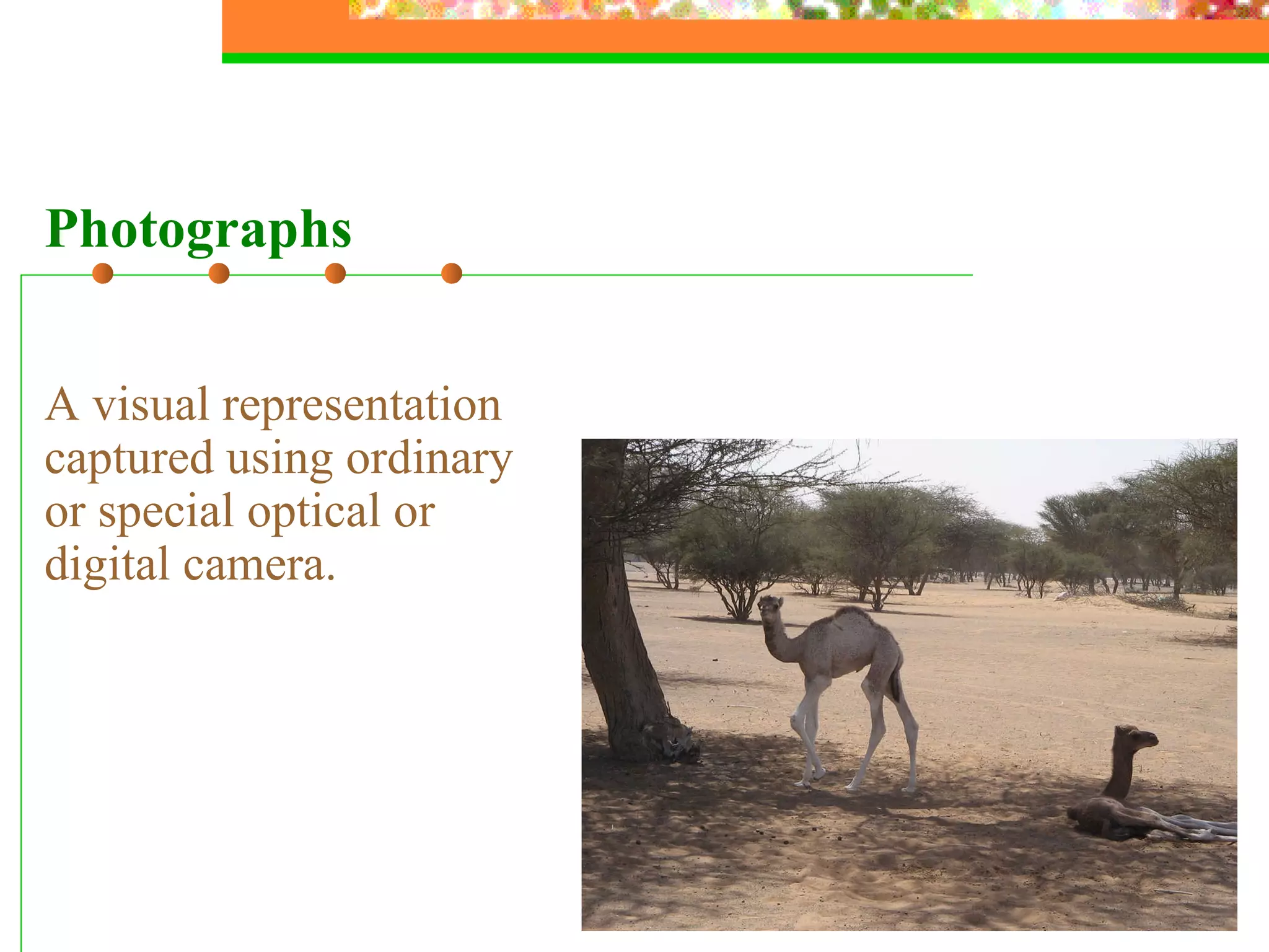 A visual representation captured using ordinary or special optical or digital camera. Photographs 