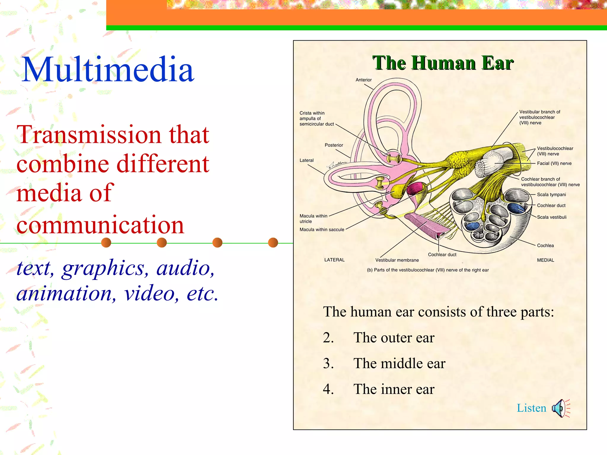 Multimedia Transmission that combine  different  media of communication   text ,  graphics , audio, animation, video,  etc. The human ear consists of three parts: The outer ear The middle ear The inner ear Listen The Human Ear 