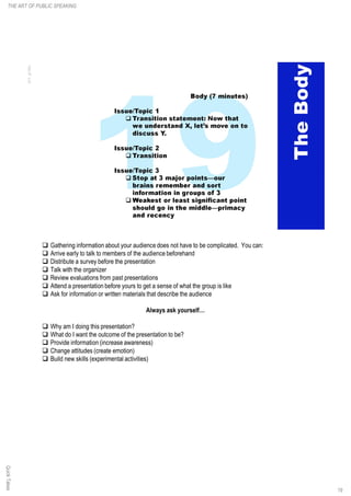q Gathering information about your audience does not have to be complicated. You can:
q Arrive early to talk to members of the audience beforehand
q Distribute a survey before the presentation
q Talk with the organizer
q Review evaluations from past presentations
q Attend a presentation before yours to get a sense of what the group is like
q Ask for information or written materials that describe the audience
Always ask yourself…
q Why am I doing this presentation?
q What do I want the outcome of the presentation to be?
q Provide information (increase awareness)
q Change attitudes (create emotion)
q Build new skills (experimental activities)
19
THE ART OF PUBLIC SPEAKINGQuickTakes
 