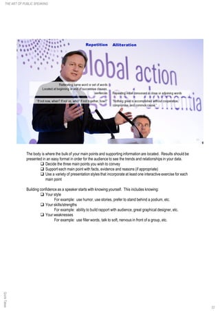 The body is where the bulk of your main points and supporting information are located. Results should be
presented in an easy format in order for the audience to see the trends and relationships in your data.
q Decide the three main points you wish to convey
q Support each main point with facts, evidence and reasons (if appropriate)
q Use a variety of presentation styles that incorporate at least one interactive exercise for each
main point
Building confidence as a speaker starts with knowing yourself. This includes knowing:
q Your style
For example: use humor, use stories, prefer to stand behind a podium, etc.
q Your skills/strengths
For example: ability to build rapport with audience, great graphical designer, etc.
q Your weaknesses
For example: use filler words, talk to soft, nervous in front of a group, etc.
22
THE ART OF PUBLIC SPEAKINGQuickTakes
 